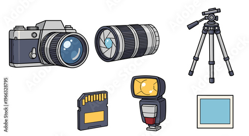 A vector graphic illustration of photography equipment on a white background