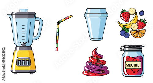 A colorful vector illustration of a blender and smoothie ingredients on a white background