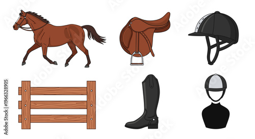 A vector graphic illustration of equestrian equipment and a horse in a flat design style