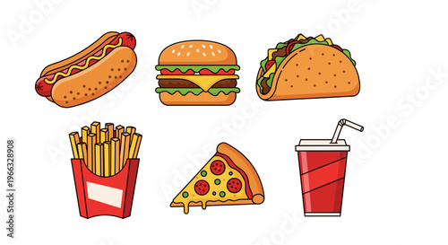 A colorful vector illustration of various fast food items on a white background