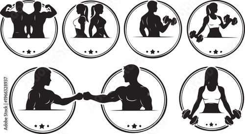 Fitness and Gym Logo Badge Set. Bodybuilding Silhouette Icons with Male and Female Athletes, Dumbbells, and Muscle Training Vector Emblems.