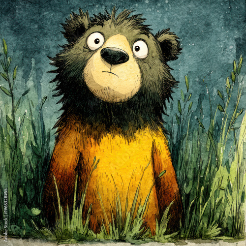 Cute cartoon bear illustration in forest, whimsical children storybook style character