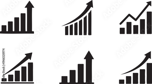 Business Growth Chart Icon Set. Increasing Bar Graph with Upward Arrow for Financial Success, Profit, and Market Trend Analysis.