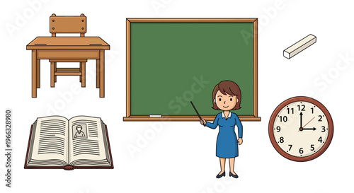 A cartoon illustration of a teacher standing in front of a green chalkboard with school supplies