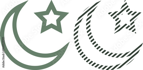 Crescent Moon and Star symbols in solid and hatched line style isolated on white