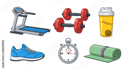 A colorful vector graphic illustration of fitness equipment and accessories for a healthy lifestyle