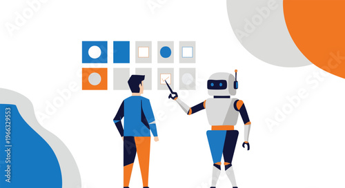 A robot assists a man in selecting options on a digital interface, highlighting an AI-powered decision-making process in a vector graphic.