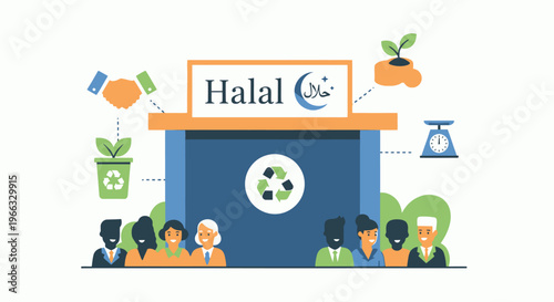 Diverse people shopping at halal food store with eco friendly products