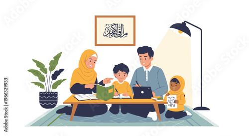 Diverse family with kids learning or working together at home