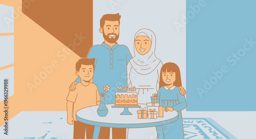 Happy Muslim family celebrating at home with traditional sweets