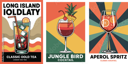 Vintage cocktail poster set with Long Island Iced Tea Jungle Bird and Aperol Spritz for bar menu design.