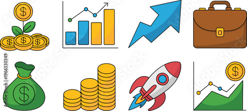 Set of business and finance icons featuring money growth charts rocket launch and briefcase for startup investment and financial success design.