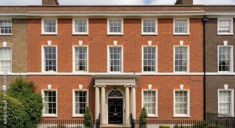 Fototapeta premium A grand, historic building with red brick walls and white trim, featuring a large, ornate doorway and multiple windows.