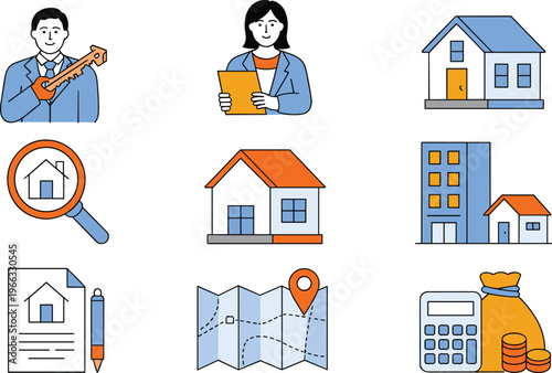 Set of real estate icons featuring house property agent key map and mortgage calculator for home buying and rental business design.