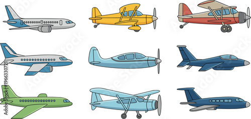 Set of airplane icons featuring commercial jetliners private jets and vintage propeller planes for aviation travel and transportation design.