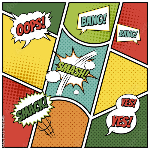 Comic Book Panels with Pop Art Sound Effects