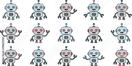 Cute robot character icon set with various facial expressions and hand gestures for artificial intelligence and chatbot mascot design.