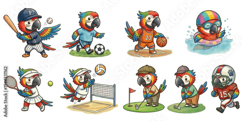 Set of funny cartoon, cute Macaw animals in playful sports vector style featuring smiling characters for kids toy illustration collection