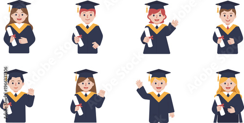 Flat vector illustration set of diverse happy graduates in caps and gowns holding diplomas celebrating university graduation ceremony success.