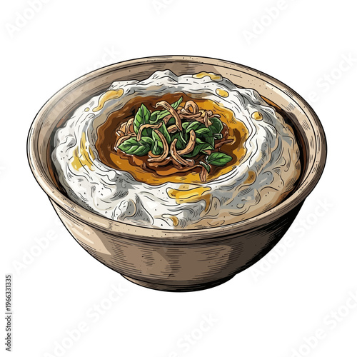 Creamy yogurt dip with herbs and spiced oil in a bowl