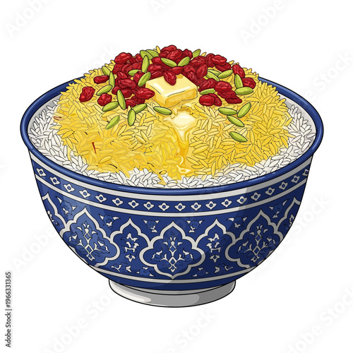 Exotic saffron rice dish with butter, cranberries, and pistachios in a decorative bowl.