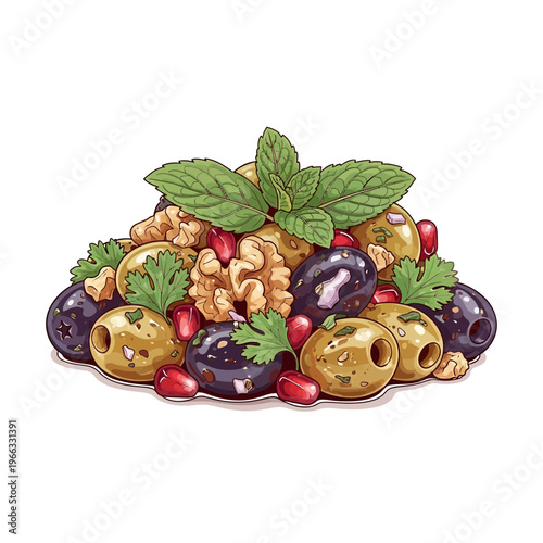 Fresh olive and walnut salad with pomegranate and mint garnish