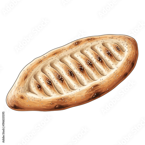 Fluffy flatbread with sesame seeds, baked crust, isolated on white background