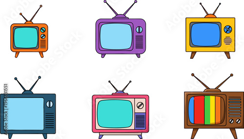 Vintage Television Icon Set with Retro TV Screens in Colorful Cartoon Style for Media Design, Broadcasting Concepts, and Nostalgic Graphic Elements