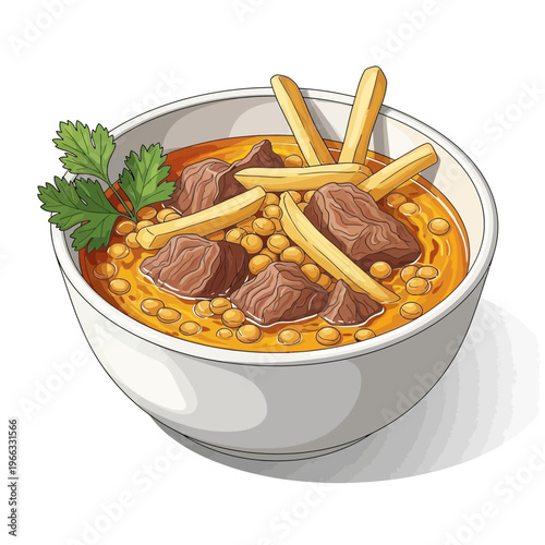 Hearty Beef Stew with Chickpeas and Fries, Garnished with Parsley