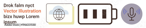 Technology, connectivity, energy, communication, presentations, multimedia. Globe icon, charging battery microphone icon. Connectivity and energy concept