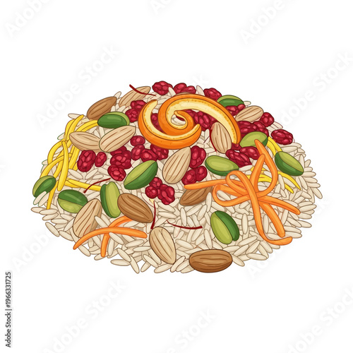 Pile of rice with nuts, dried fruits, and saffron threads isolated on white background