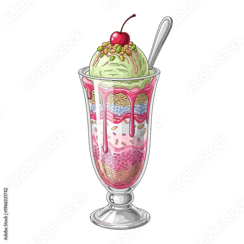 Pistachio Ice Cream Sundae with Cherry and Nuts in a Tall Glass