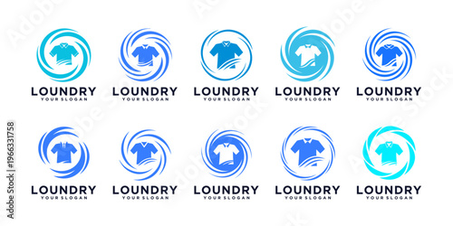 Modern laundry logo set featuring bubbles, water, and washing symbols, ideal for laundromat businesses and professional cleaning services.