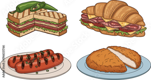 Sandwich and Snack Food Icon Set with Grilled Sandwich, Croissant, Sausage, and Fried Cutlet for Restaurant Menu and Fast Food Illustration