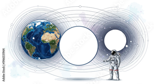 Illustrative International Day of Human Space Flight poster celebrating human cosmic exploration, featuring Earth, an astronaut, and dynamic orbital designs