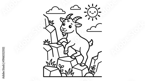 Goat standing on rocks smiling happy.