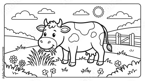 Black and white cow illustration standing.