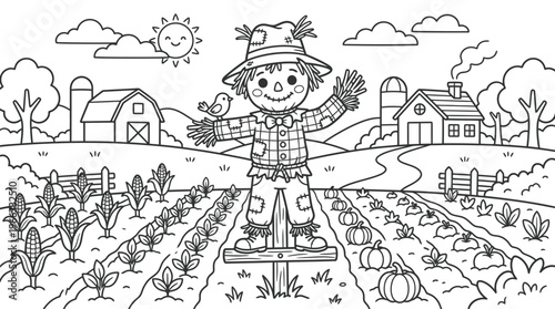 Scarecrow standing in a farm field.