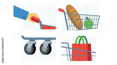 A four-panel illustration depicting various aspects of a shopping cart, including a hand pushing the handle, groceries inside, its wheels, and a shopping bag.
