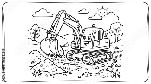 Excavator machine with smiling face cartoon.