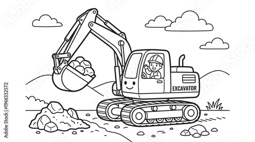 Excavator machine with smiling cartoon character.