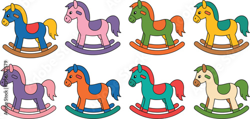 Colorful wooden rocking horse toy vector set for nursery decor children playroom design cute baby shower clip art collection, 18 words.