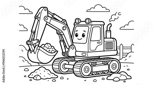 Smiling cartoon excavator digging earth.