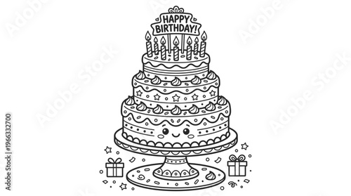 Birthday cake with decorative frosting layers.