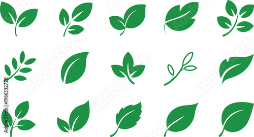Flat green leaf icon collection in 3x5 grid with simple and multi-leaf shapes, curved edges, and consistent minimalist vector style
