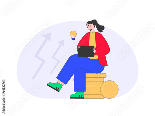 A female freelancer sits on a pile of coins while holding a tablet computer representing the theme of remote work or financial growth. Trade war illustrations. Flat vector concepts.