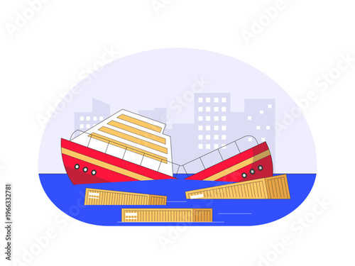 The shipwreck disaster involved a large ship breaking into two pieces and sinking into the water, cargo containers scattered in the sea around the ship. Trade war illustrations. Flat vector concepts.