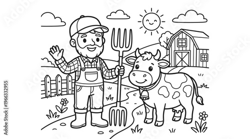 Farmer with cow and pitchfork standing.