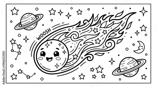Smiling cartoon sun with flames and stars.