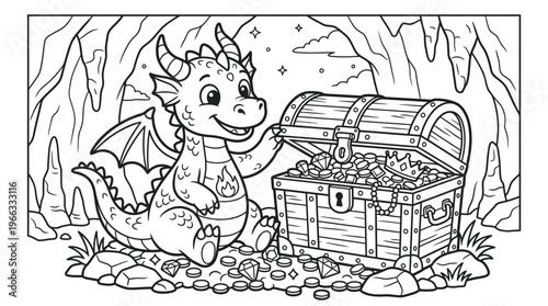 Smiling dragon with treasure chest.